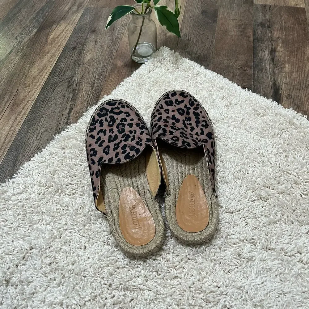 J.crew Size 9 Brown Black Leopard Print Canvas Slip-On Espadrille Mule Flats